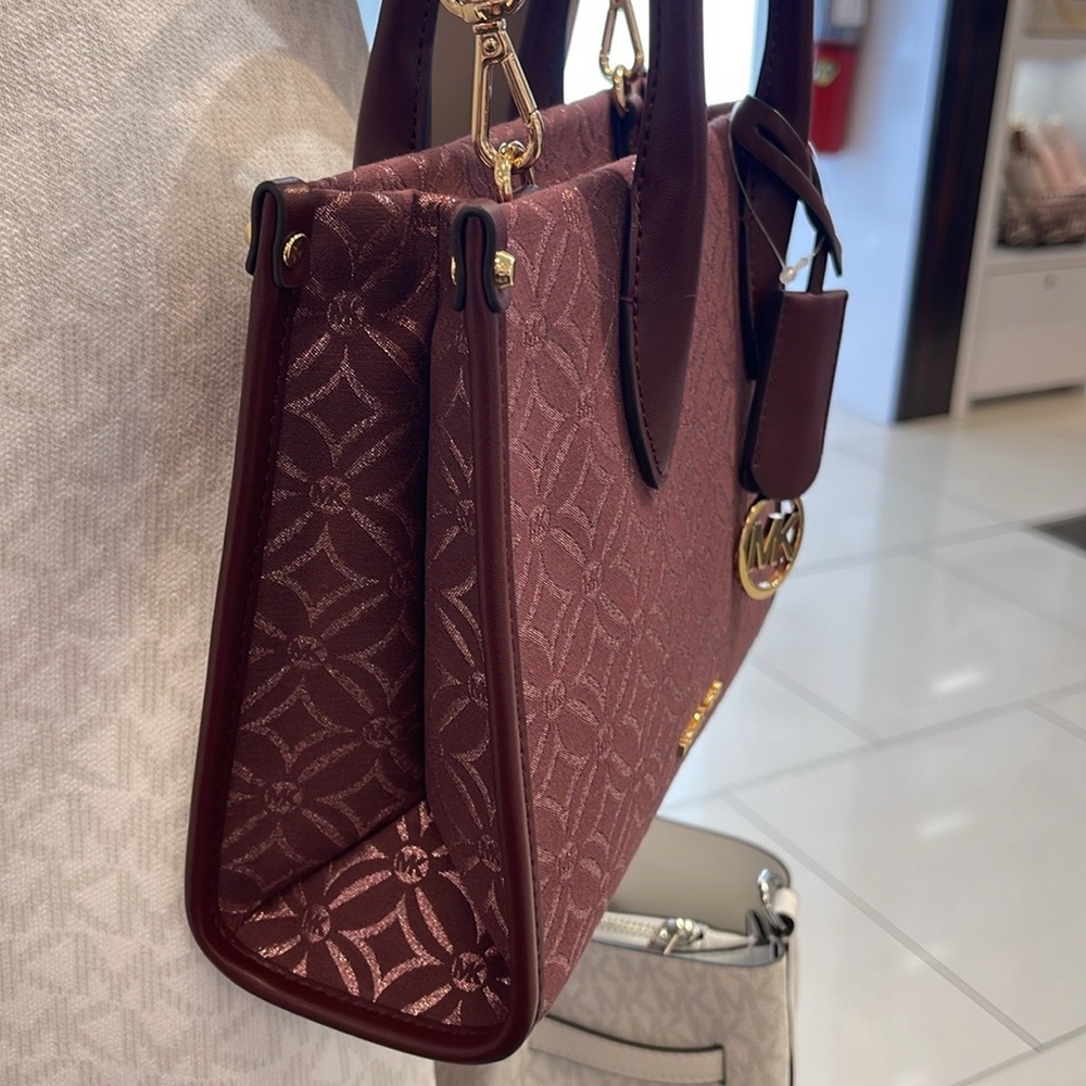 Michael Kors Mirella Small Metallic Logo Jacquard Crossbody Bag Oxblood Multi - Picture 10 of 16